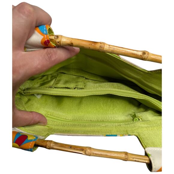 Vtg Y2K Braciano White Tropical Floral Print Beaded Bamboo Handle Clutch Bag - Picture 5 of 6